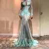 Precioso vestido de noche de sirena de ilusión de manga larga de encaje de cuello alto vestido de graduación transparente Sexy vestidos de fiesta de celebridades