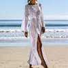 Fashioncrochet vit stickad strandlock ups badkläder klänning tunika lång pareos baddräkt bikini coverup simma täcker upp robe plage beachwear