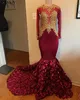 Vintage Maroon Black Girls Prom Dresses With Sleeves And Gold Appliques Tight Fishtail 3D Rose Floral Formal Evening Gowns Graduation Dress