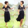 Navy Blue Chiffon Lace Knee-length Mother Of the Bride Dresses 2023 Summer Beach Wedding Party Dress Half Sleeve Plus Size Cheap G2901