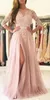 Blush rose sexy avant fendu robes de bal dos nu modeste 2019 demi manches dentelle appliques tulle longue robe de soirée robe d'invité de mariage