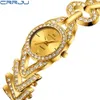 Kobiety Złote Luxury Asymetryczne Świecące bransoletki zegarki z okrągłym tarczą Crrju Ladies Diamentowy zespół zegarowy sport