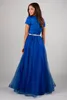 2020 bleu Royal Tulle longue robe de bal modeste avec mancherons bijou Simple adolescents modeste robe de soirée de bal robes de soirée