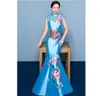 2019 sjöjungfru svans asiatisk stil kortärmad mode röd broderi brud bröllop qipao lång cheongsam kinesisk traditionell klänning retro