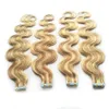 P27 / 613 Piano Kleur Remy Tape in Human Hair Extensions Rechte Body Wave 18 20 22 24 inch Blonde Huid inslag Naadloze Hair Extensions 100g