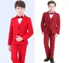 الأولاد الأحمر الساخن مناسبة رسمية مناسبة Totuxedos Notch Two Button Center Vent Vent Kids Wedding Tuxedos Suit (Jacket+Pants+Bow Tie+Vest)