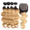 Kisshair t1b27 nard raiz mel loira extensões corporal onda ombre cabelo humano weave 4 pacotes com fecho de renda cor virgem brasileira