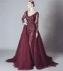 Elegant Backless Burgundy Lace Formal Celebrity Evening Dresses V Neck Long Sleeves Middle East Arabic Prom Party Gowns HH277