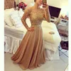 Gouden schouder elegant off avondjurken lange mouwen lange mouwen chiffon vloer lengte kralen taille formeel prom feestjurk kant op maat gemaakt