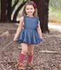 Newborn Baby Girls Summer Blue Dot Sleeveless Princess Party Dress Back Cross Backless Party Dress 1-6T