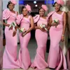 Black Women Long Pink Bridesmaid Dress Mermaid Style Sleeveless Wedding Party Gowns With Big Flower Formal Wear BD9057