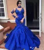 Royal Blue Mermaid Prom Klänningar Plus Size African Long Formal Gowns High Neck Långärmad Crystal Elegantes Vestidos formaler de noche 2019