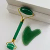 Groothandel 100% NATUURLIJKE GREEN JADE ROLLER SET GUA SHA BOard Massage Stone voor Face Neck Eye