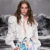 2020新しい到着高品質デザイナーブラウス女性刺繍フリルロングランタンスリーブホワイト滑走路トップス女性春シャツ
