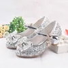 Fashion Kids Leather Shoes For Girls Flower Casual Glitter Children High Heel Girls Shoes Butterfly Knot Blue Pink Silver