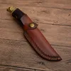 Högkvalitativ handgjord fast knivjaktkniv 7CR17 Satin Drop Point Blade Wood + Brass Head Handtag med lädermantel