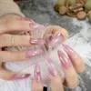 Удлиненные накладные ногти, изогнутые розовые мраморные ногти с предварительно разработанным дизайном, включая клейкую наклейку1255672