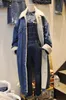 Mode-grossist-män långa denim trench jacka high street mode hip hop vinter tjock cashmere jean trench coat windbreaker manlig överrock