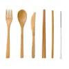 7st / set bambu bestick set trä bestick set japanska knivsked gaffel straw chopstick tygväska kök matlagningsverktyg resa