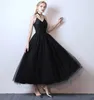 Nouveau Noir A-ligne Dentelle Points Tulle Longueur Cheville Robe De Mariée Courte Avec Bretelles Col En V Non Blanc Informel Extérieur Petite Robe De Mariée Noire