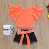 Bebek kız çocuk yaz yürümeye başlayan kıyafetler parlama kolları oneck tshirt üstleri ve şortları iki parça set neon kıyafetler 2019 yeni varış1300092