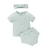 Summer Baby Clothing Sets Infants Soft Cotton Solid Outfits Kids Short Sleeve T-shirt Top + Short Pants + Headbands 3pcs/set for Child M1715