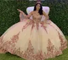 Rose Gold Sparkly Quinceanera Prom Klänningar 2020 Modern Sweetheart Lace Applique Sequins Ball Gown Tulle Vintage Evening Party Sweet 16 Dress