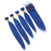 Cierre de encaje de color azul con paquetes Cabello humano tejido azul oscuro recto peruano Ofertas de 4 paquetes con cierre Extensiones de cabello azul puro