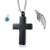 Svart Cross Pendant Halsband Angel Wings Cremation Smycken Keepsake Memorial Birthstone Crystal