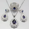 Top Quality 925 Água de Prata Gota Azul Zircon cristal branco conjuntos de jóias colar pulseira pingente brincos Anel