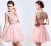 Klassieke roze korte homecoming -jurken kanten appliques kralen taille mouwloze illusie achterlagen tule vorm gelegenheid cocktailjurken