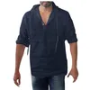 Erkek Hood ile Yaz Kazak Baggy Pamuk Keten Katı Çok Cep Uzun Kollu Turn-down Yaka Gömlek
