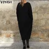 Vonda Kadınlar Sonbahar Uzun Elbise Moda Yuvarlak Boyun Uzun Kollu Gömlek Elbise 5XL Vestidos Artı Boyutu Robe Femme Bayan Tunikleri