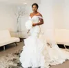 African Mermaid Wedding Dresses Spaghetti Crystal Cascading Ruffles Sweep Train Appliques Wedding Dress Bridal Gowns vestidos de novia