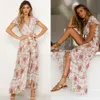 Frauen Boho Floral Long Maxi Kleid V-Ausschnitt Floral Split Kleid Sommer Strand Sonnendren