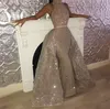 New Bling Sexy Sequined Lace Prom Dresses High Neck Mermaid Sequins Sleeveless Overskirts Arabic Formal Evening Dress Wear Party Gowns