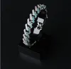 Bracelet à maillons cubains en diamants verts glacés de 15 mm CZ Bling Bling Bracelet hip hop plaqué or 14 carats de 8 pouces Longueur de 8 pouces