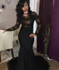 Sexy Africano Preto Vestidos de Prom Sereia Applique 2020 Manga Longa Sheer Party Vestidos de Noite Robe de Soiree Celebridade Ocasião Especial