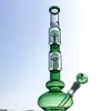 Blue Green Tall Big Bong Dab Rigs Water Pipes Double Tree Perc 18mm Joint Straight Tube Glass Bongs With Herb Grinders GB1218