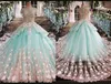 2020 Ball Gown Evening Dress Sheer Neck Lace 3D Appliques Beaded Sweep Train Puffy Plus Size Custom Evening Gowns