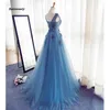 Abendkleider 3D Flower Evening Dresses Elegant Crystal Long Blue Evening Gowns Tulle A-line Formal Party Dress Robe Longue