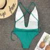 Swimwear das mulheres da cópia do leopardo Sexy profundo decote em V One Piece Swimsuit Lady Terno Lace Up Halter Maiô Natação