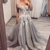 2020 New Vintage Silver Grey Wedding Dresses Off the Shoulder Lace Appliques Tulle A Line Bridal Gowns Sweep Train Custom Made Wedding 288B