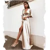 Cheap Fashion Evening Dresses Short Sleeves Deep V Neck robes de soirée Side Split Chiffon Floor Length A Line Prom Dresses Free Shipping