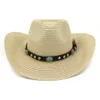 À la mode été chapeau de plage Cowboy papier chapeaux de paille pour hommes femmes large bord Panama Style pare-soleil casquette avec ceinture décor