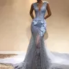 2019 staubige blaue spitze lange mermaid prom kleider sexy abendkleider formale abend party dress v-ausschnitt vestido de festa