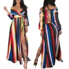 Damskie pasek V-Neck Rainbow Paski V Neck Długa Maxi Dress Sexy Split Z Długim Rękawem Koronki Dresses Hollow Out Night Clubwear Club Kobieta Vestido