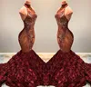 2020 lindo Borgonha Mermaid Prom Vestidos alta Neck Lace Appliqued Ruffled Flores Pageant Partido Vestidos Vestidos BC1181