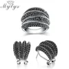 Mytys Schwarze Markasiten-Ring-Ohrring-Sets für Damen, antike Ohrstecker, geometrische Kreuz-Ring-Sets, Retro-Vintage-Schmuck