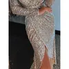 Hög slits paljett klänning kvinnor långärmad plunge klänningar sexig v hals fest klänning höst asymmetrisk bodycon vestidos mujer290j